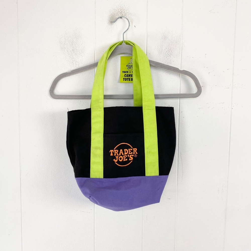 Trader Joes Halloween Trick or Treat Canvas Tote Bag Black Purple Green 81415